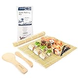 Exzact Kit de bambú para enrollar sushi 4 piezas – 2 x esteras, 1 x paleta de...